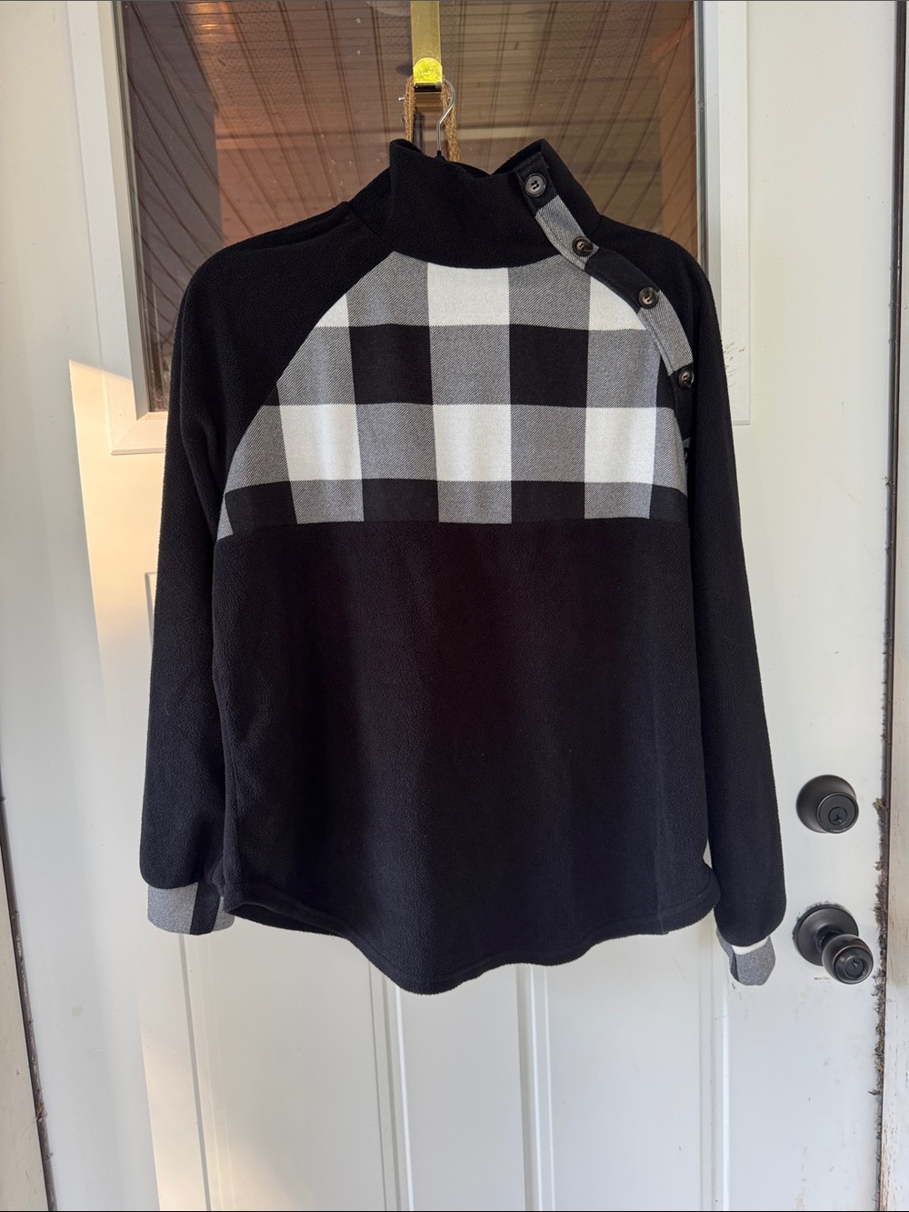 BiBi Black Sweater with Gray Plaid Yoke and Button Shoulder